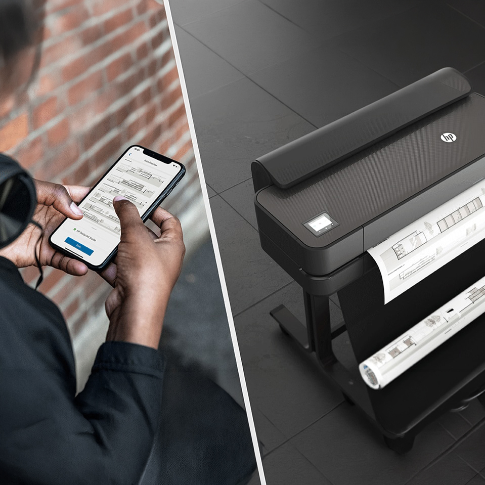 half image of woman on mobile app and wide format printer